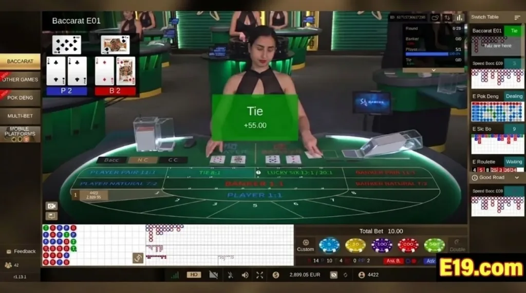 หน้าจอเกมบาคาร่าสดบน E19 พร้อมดีลเลอร์จริง