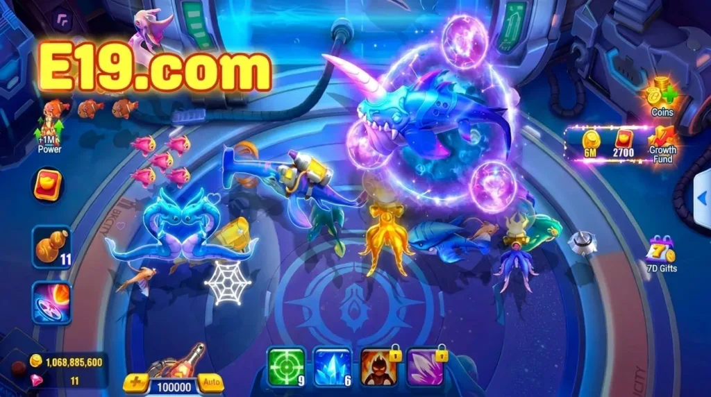 หน้าจอเกมยิงปลาบน E19 ระหว่างล่าบอสใต้ทะเล